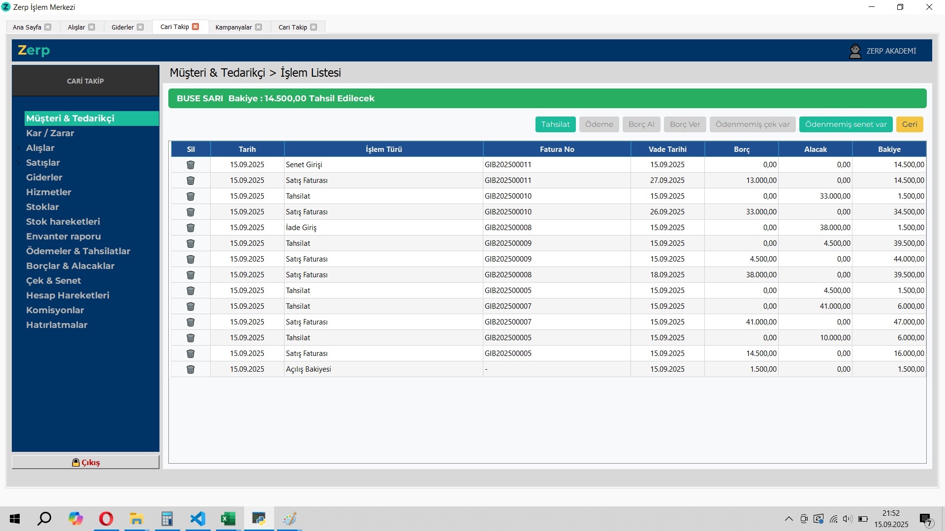 Cari Takip İşlem Listesi